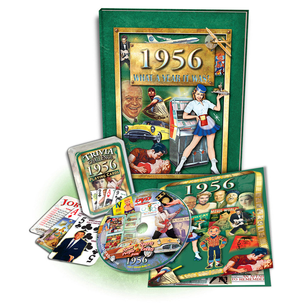 1956 Birthday Gift Set: 1956 What A Year it Was Book, DVD Greeting Card & Trivia Playing Cards